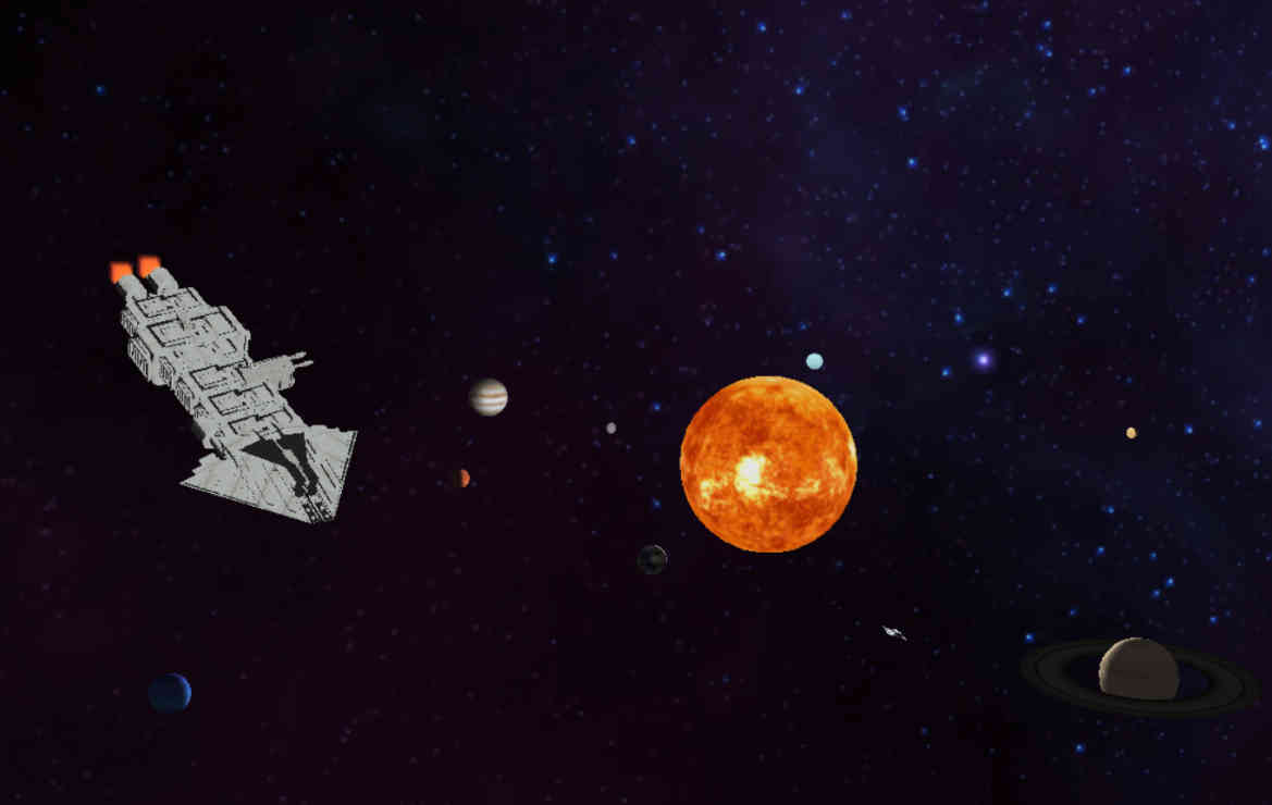 Sistema Solar con nave grande en el fondo.