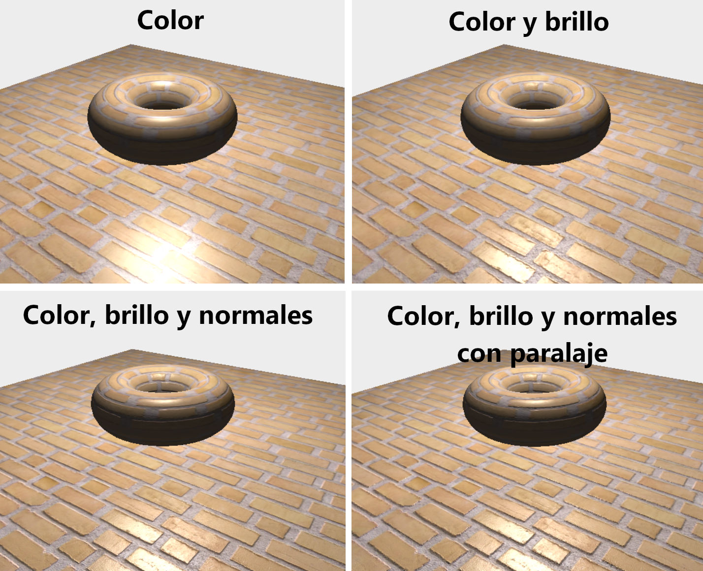 Imagenes de comparación de diferentes técnicas de mapeado de normales y paralaje.