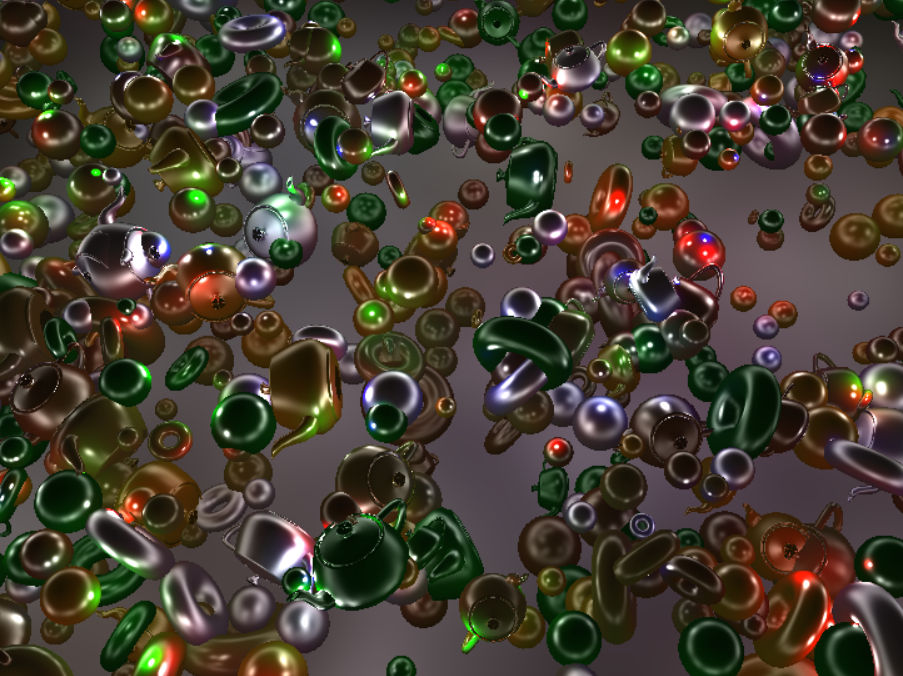 Imagen con muchos objetos y luces renderizada con deferred shading.